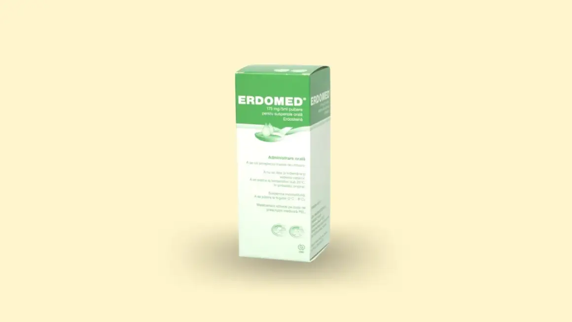 Pudełko leku Erdomed w proszku do zawiesiny doustnej. Zawiera 175 mg/5ml Erdosteiny.