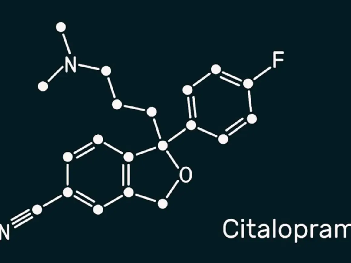 Struktura chemiczna citalopramu, substancji czynnej leku Lexapro, na ciemnym tle.