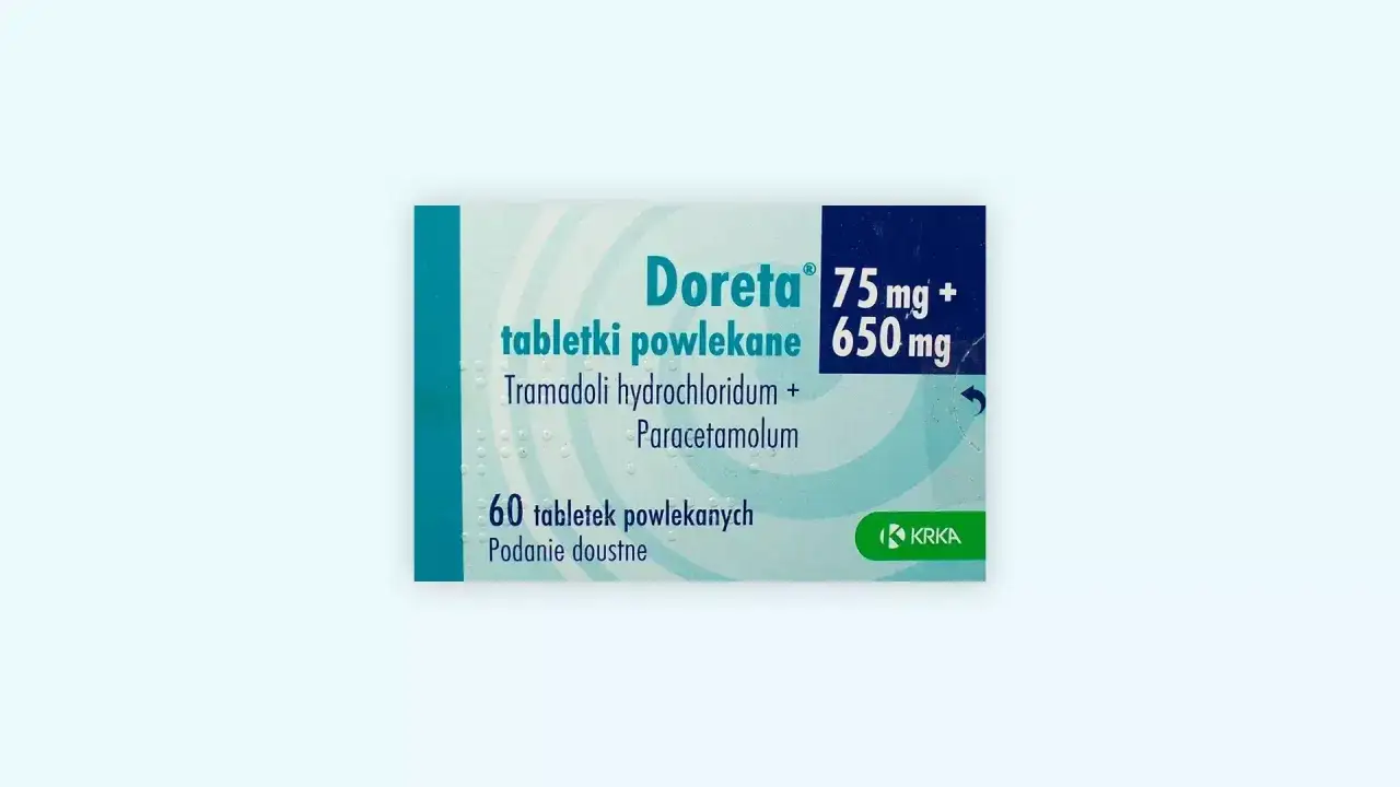 Opakowanie leku Doreta 75 mg + 650 mg, zawierające 60 tabletek powlekanych tramadolu chlorowodorku i paracetamolu.
