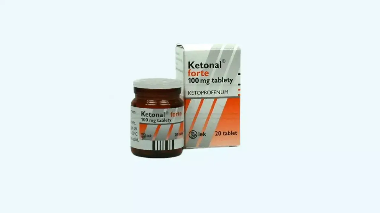 Opakowanie i buteleczka leku Ketonal forte 100 mg. Pomoc w walce z bólem.