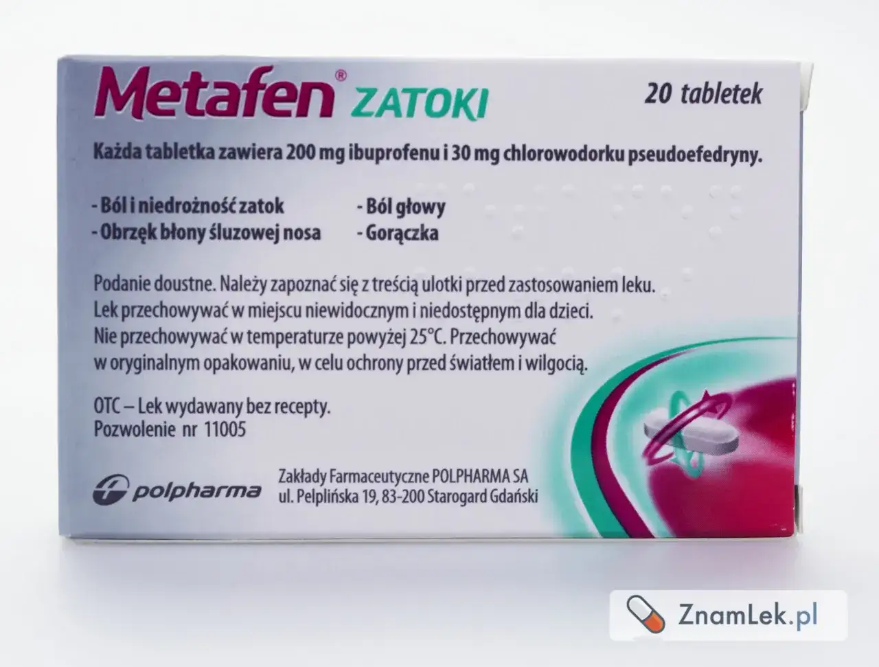 Opakowanie leku Metafen Zatoki, 20 tabletek, na ból i niedrożność zatok, obrzęk błony śluzowej nosa, ból głowy i gorączkę.