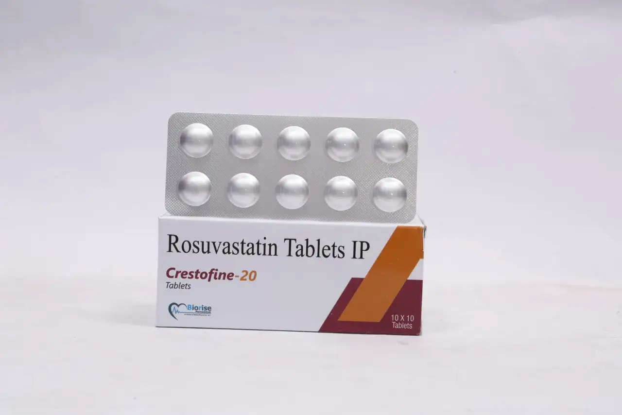 Opakowanie tabletek Crestofine-20, zawierające rosuwastatynę. To lek, który może pomóc w obniżeniu poziomu cholesterolu, wspierając zdrowie serca.