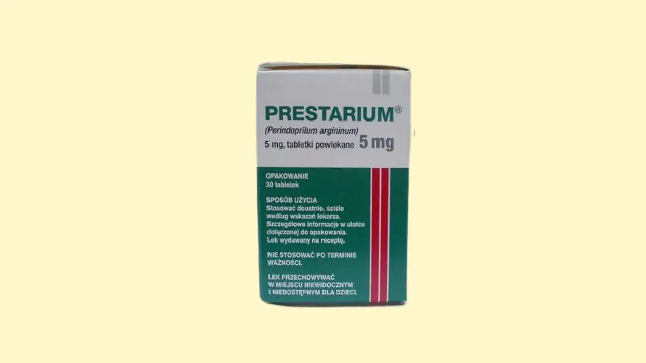 Pudełko leku PRESTARIUM 5 mg, tabletki powlekane. Stosować doustnie, ściśle według wskazań lekarza. Lek wydawany na receptę.
