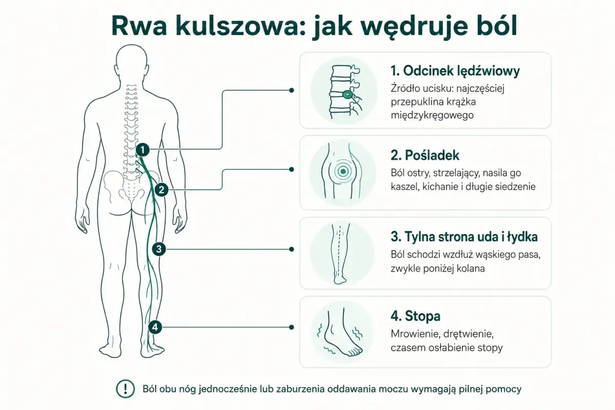 Rwa kulszowa objawy: ból od odcinka lędźwiowego przez pośladek, udo, łydkę aż do stopy.