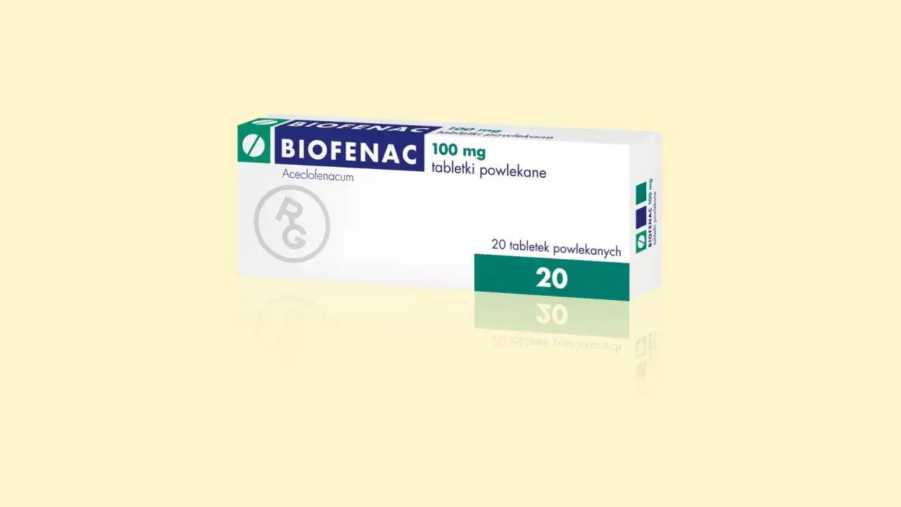 Opakowanie leku Biofenac 100 mg, zawierające 20 tabletek powlekanych.