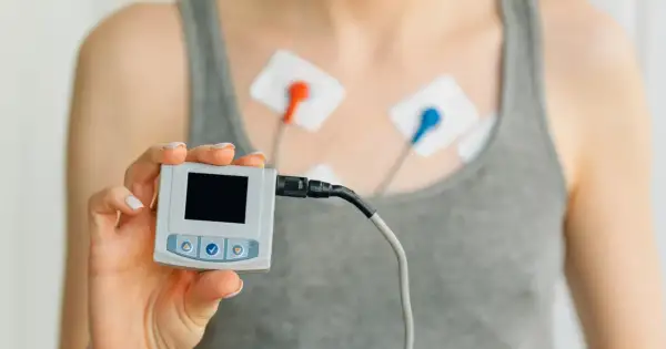 Osoba z elektrodami na klatce piersiowej trzyma urządzenie do monitorowania EKG. To urządzenie pomaga zrozumieć, czym jest EKG.