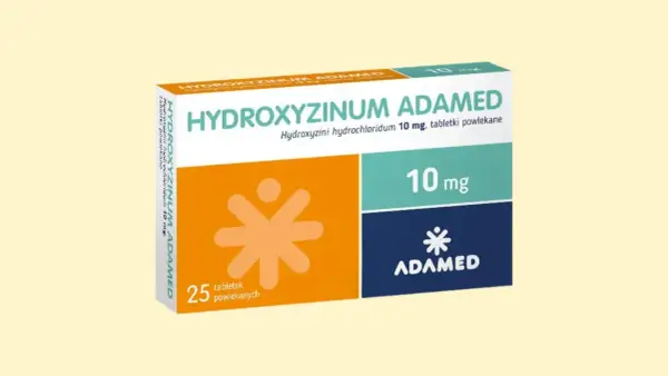 Opakowanie leku Hydroxyzinum Adamed 10 mg, zawierające 25 tabletek powlekanych.