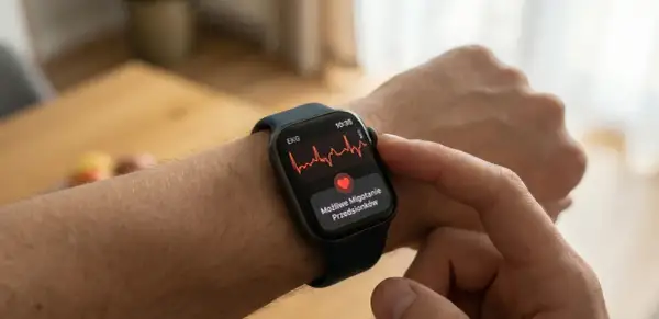 Na ekranie zegarka widoczny jest zapis EKG, który pokazuje rytm zatokowy. Obok serduszko z napisem "Możliwe Migotanie Przedsionków".