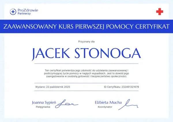Certyfikat zaawansowanego kursu pierwszej pomocy dla Jacka Stonoga, wydany 23 października 2025.
