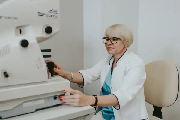 Okulistka wykonuje badanie dna oka za pomocą nowoczesnego urządzenia Topcon 3D OCT.