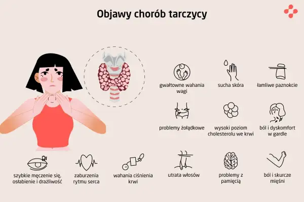 Ilustracja przedstawia objawy chorób tarczycy, takie jak wahania wagi, sucha skóra, problemy z sercem i pamięcią. Warto skonsultować się z lekarzem od tarczycy.