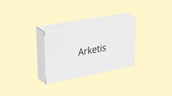 Białe pudełko z napisem "Arketis" na jasnym, żółtym tle.