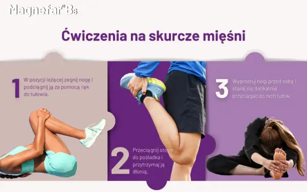Ćwiczenia na skurcze mięśni: leżąc, podciągnij nogę do tułowia, przeciągnij stopę do pośladka, a potem wyprostuj nogi i przyciągnij tułów.