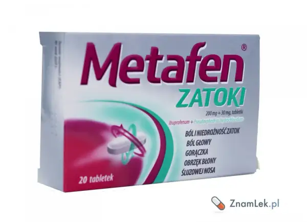 Opakowanie leku Metafen Zatoki, zawierające 20 tabletek, łagodzi ból i niedrożność zatok, ból głowy, gorączkę oraz obrzęk błony śluzowej nosa.