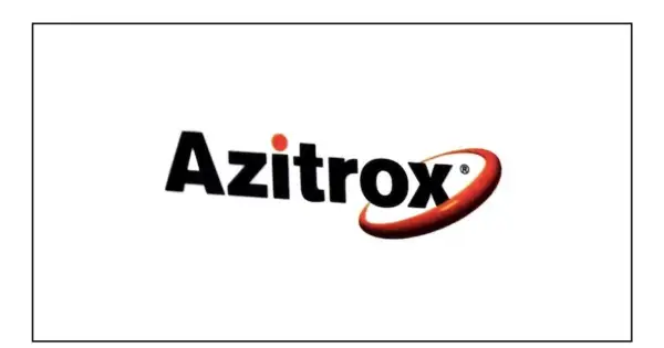 Logo Azitrox 500 z czerwoną kropką i owalem.