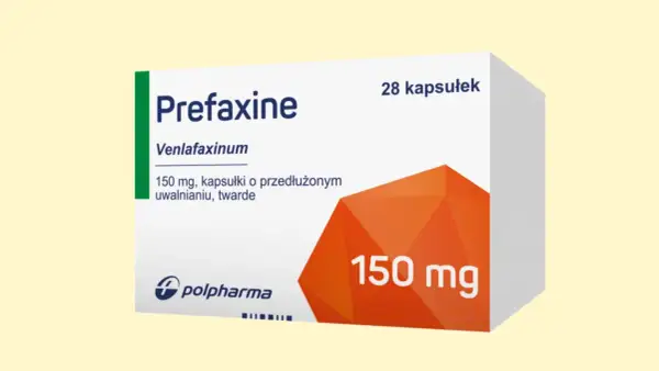 Opakowanie leku Prefaxine 150 mg, zawierające 28 kapsułek o przedłużonym uwalnianiu.