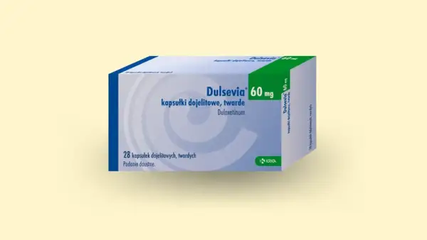 Opakowanie leku Dulsevia 60 mg, zawierające 28 kapsułek dojelitowych. Jest to lek z grupy SNRI, stosowany w leczeniu depresji i innych schorzeń.