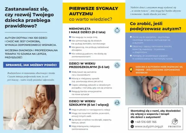 Plakat informuje o wczesnych sygnałach autyzmu u dzieci i dorosłych, zachęcając do szukania pomocy.