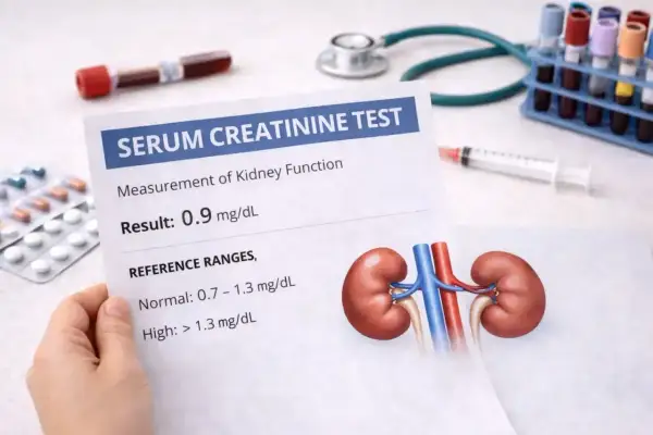 Wynik badania kreatyniny w moczu 0.9 mg/dL, wskazujący na prawidłową funkcję nerek. Obok wyniki badań, leki i stetoskop.
