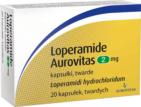 Opakowanie leku Loperamid Aurovitas 2 mg, zawierające 20 kapsułek twardych. Szybka ulga w dolegliwościach.