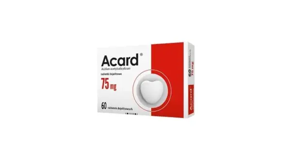Opakowanie Acardu 75 mg, 60 tabletek. Lek ten jest często stosowany przez kobiety w ciąży, aby zapobiegać powikłaniom.