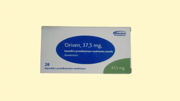Opakowanie leku Oriven 37,5 mg, zawierające 28 kapsułek o przedłużonym uwalnianiu z wenlafaksyną.