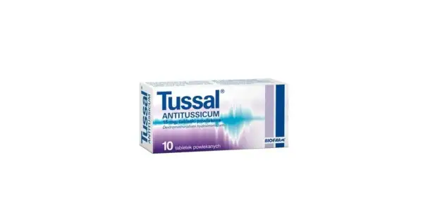 Opakowanie leku Tussal ANTITUSSICUM, zawierającego dekstrometorfan, na 10 tabletek powlekanych.