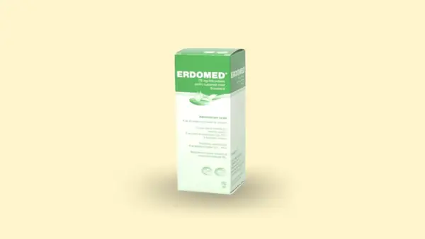 Pudełko leku Erdomed w proszku do zawiesiny doustnej. Zawiera 175 mg/5ml Erdosteiny.